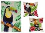 Pakiet 3 zestawów Latch-hook: Dywanik - Tukan, Poduszka - Tukan, Egzotyczny ptak